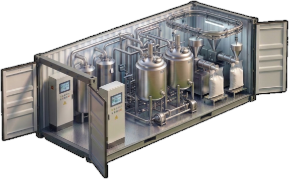 Cutaway view of a Regenia Matrix Cube — a shipping container fitted out as an autonomous production line with reactor vessels, control cabinets and bagging stations